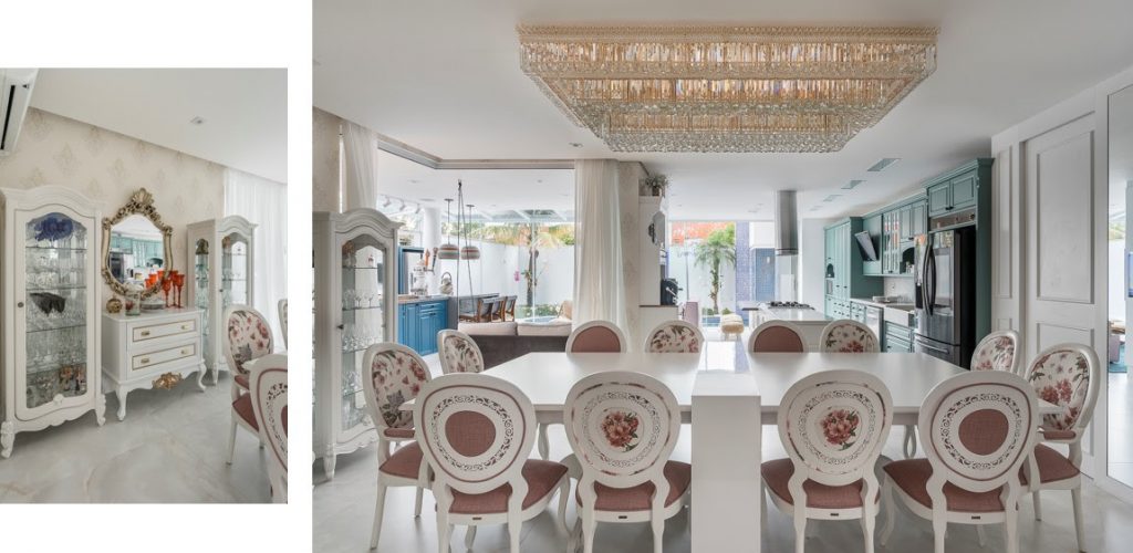 A imponente e romântica sala de jantar com lustre de cristal
