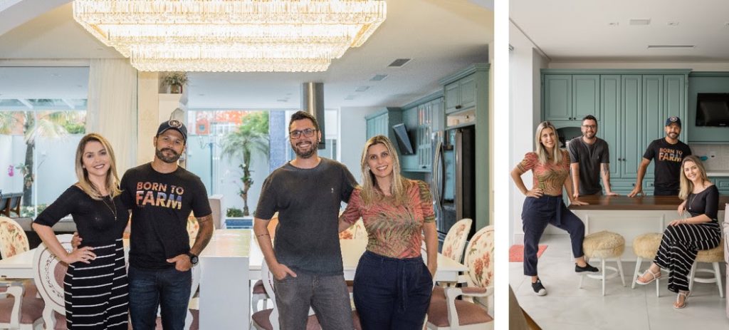 Marcos e Lu Marchioto acompanhados pelos arquitetos Priscila e Bernardo Tressino, na sala de jantar e cozinha respectivamente