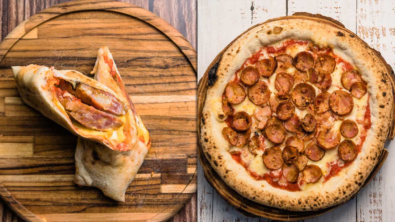Pizza e sanduíche com a deliciosa linguiça caipira são as novidades do mês na Grano & Oliva e Inforno Burger