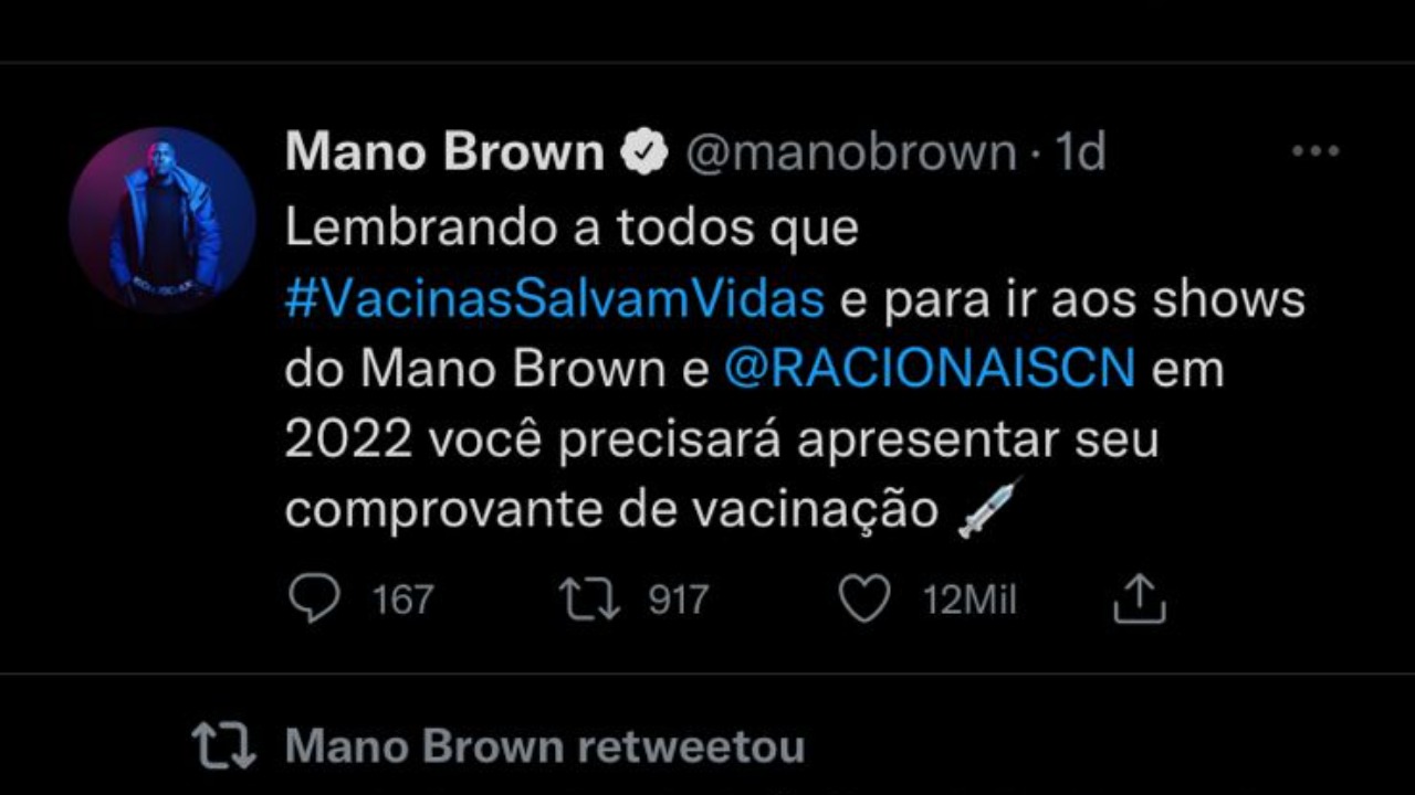 Após ter seguido todos os protocolos exigidos pela pandemia, o rapper anunciou em seu Twitter que somente vacinados poderão comparecer nas apresentações.