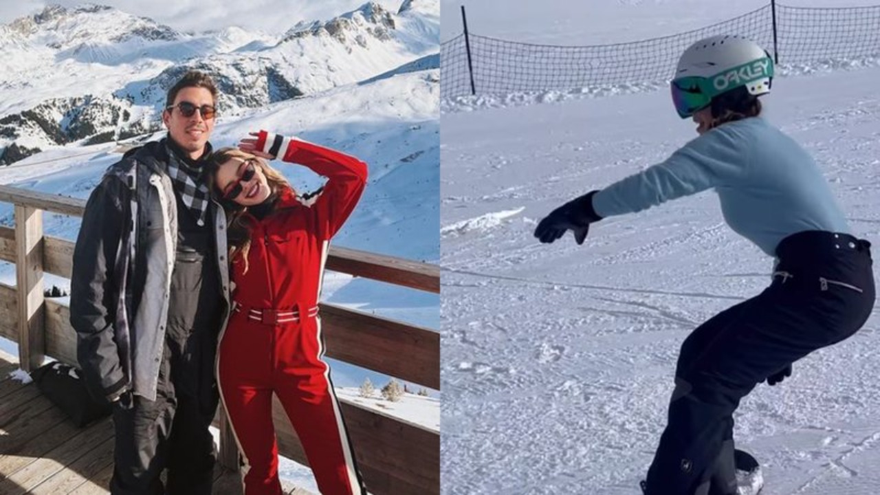 Viajando com o seu namorado, a atriz compartilhou com seus seguidores suas tentativas de praticar o snowboard