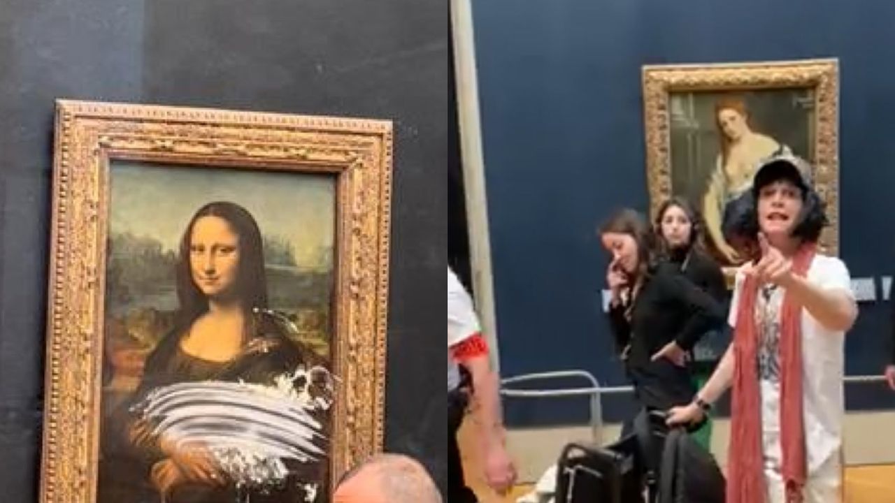 A obra que fica no Museu do Louvre, em Paris, foi atacada com algo parecido com uma torta, mas não atingiu a pintura