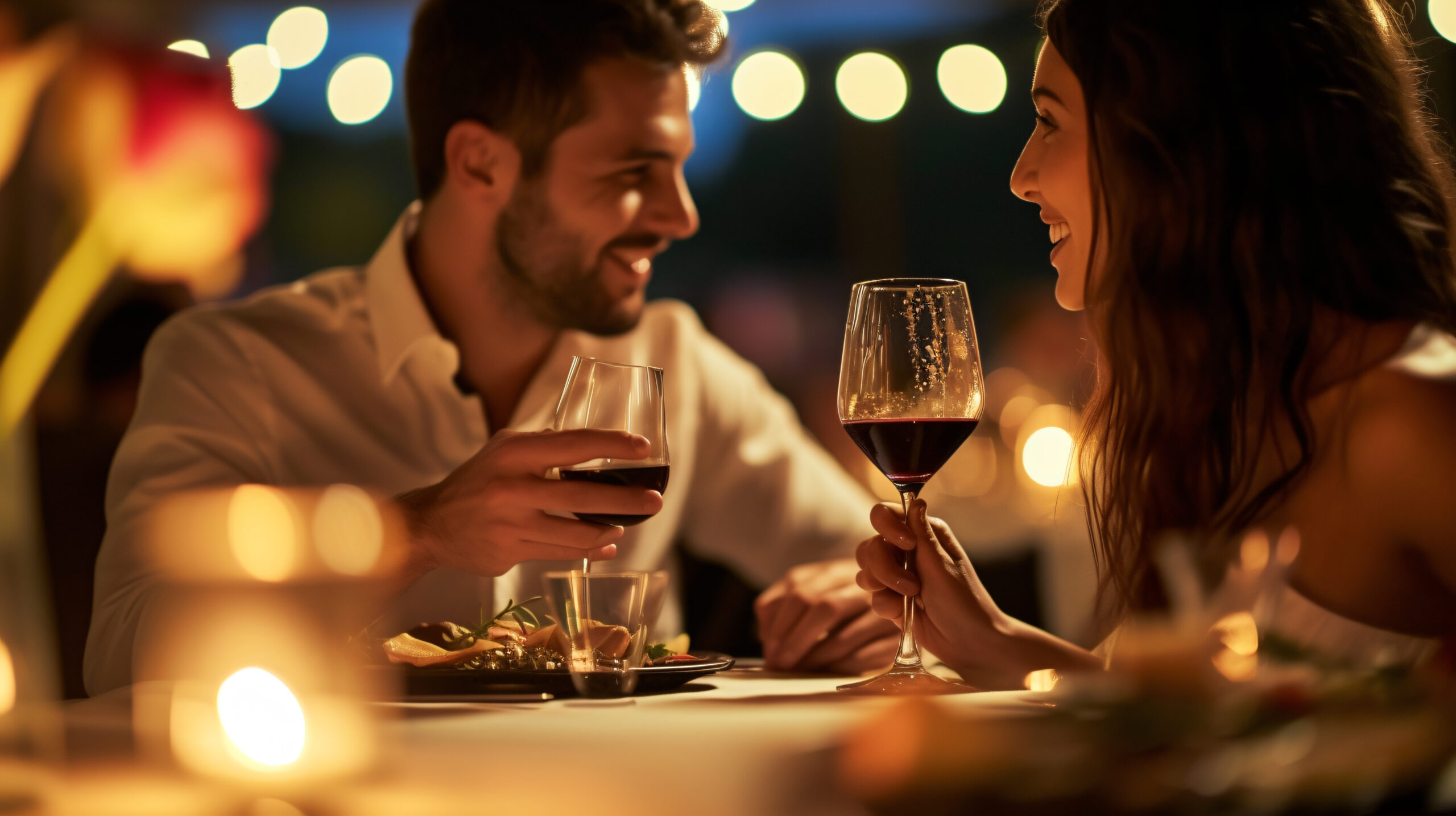 Casal em jantar romântico. Banco de imagens.