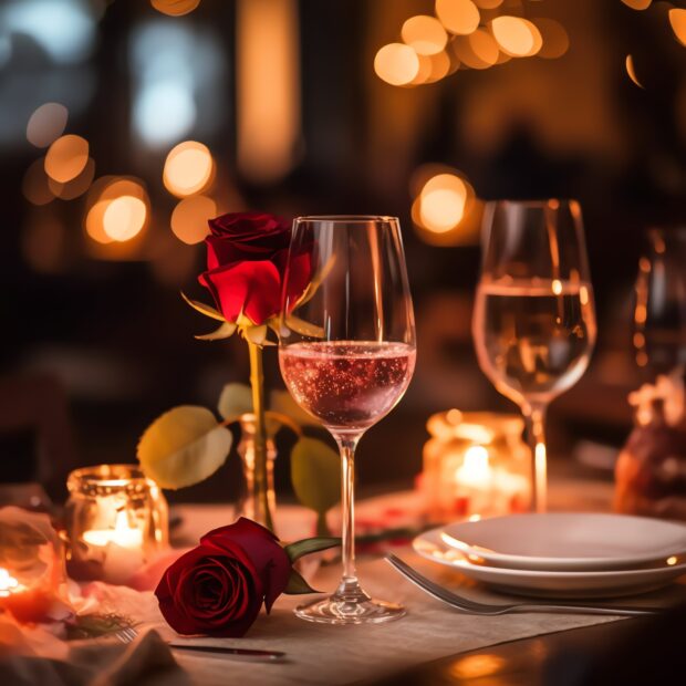 Mesa posta para jantar romântico.
