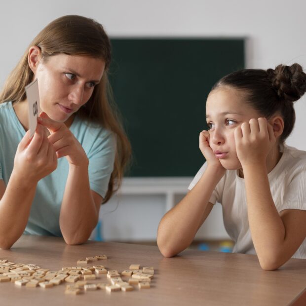 psychologist helping girl speech therapy 1