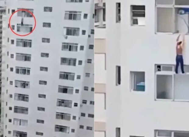 mulher pendurada na janela widelg