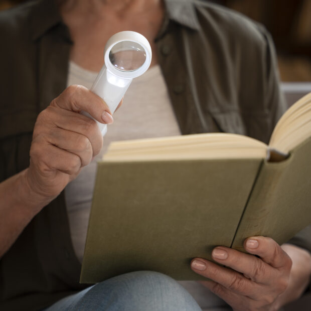 front view old woman library