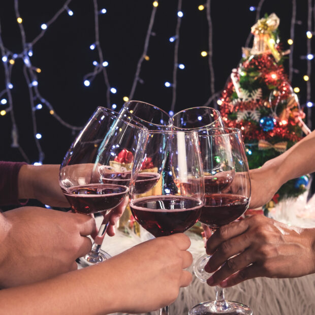 amigos brindam o Natal com vinho tinto