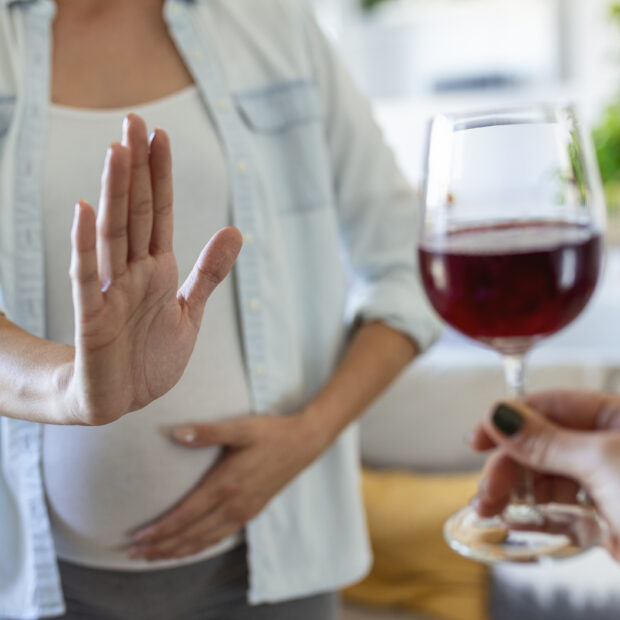 pregnant woman refusing a glass of wine. alcohol in pregnancy. unrecognizable expectant lady gestring stop to offered glass of wine