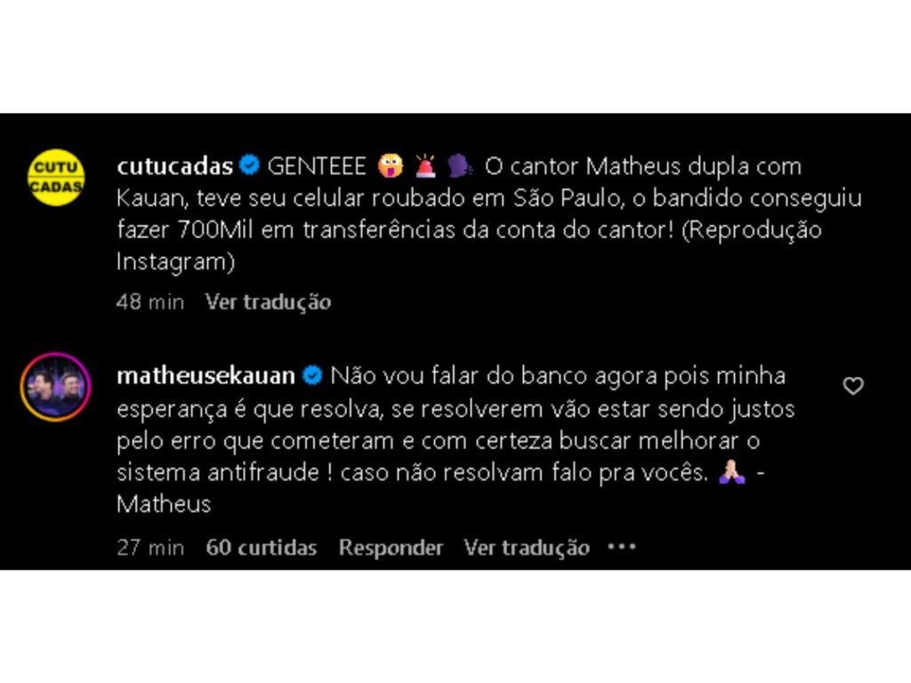 matheus confirma roubo em comentario no instagram
