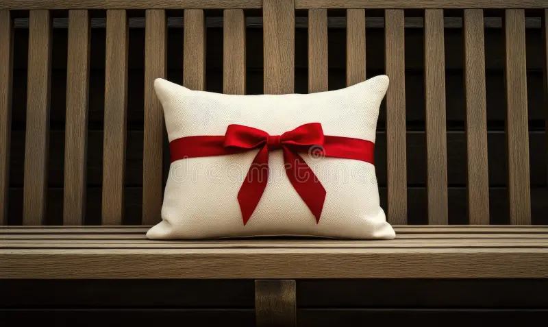 um travesseiro branco com uma fita vermelha amarrada em volta senta se num banco de madeira o é decorado arco vermelho que lhe 342381252