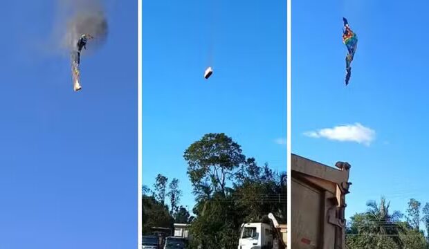 Passeio turístico terminou em horror na manhã deste sábado (21); imagens mostram o balão em chamas antes da queda brutal em Praia Grande.