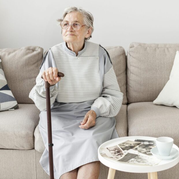 portrait elderly grandmother sitting sofa
