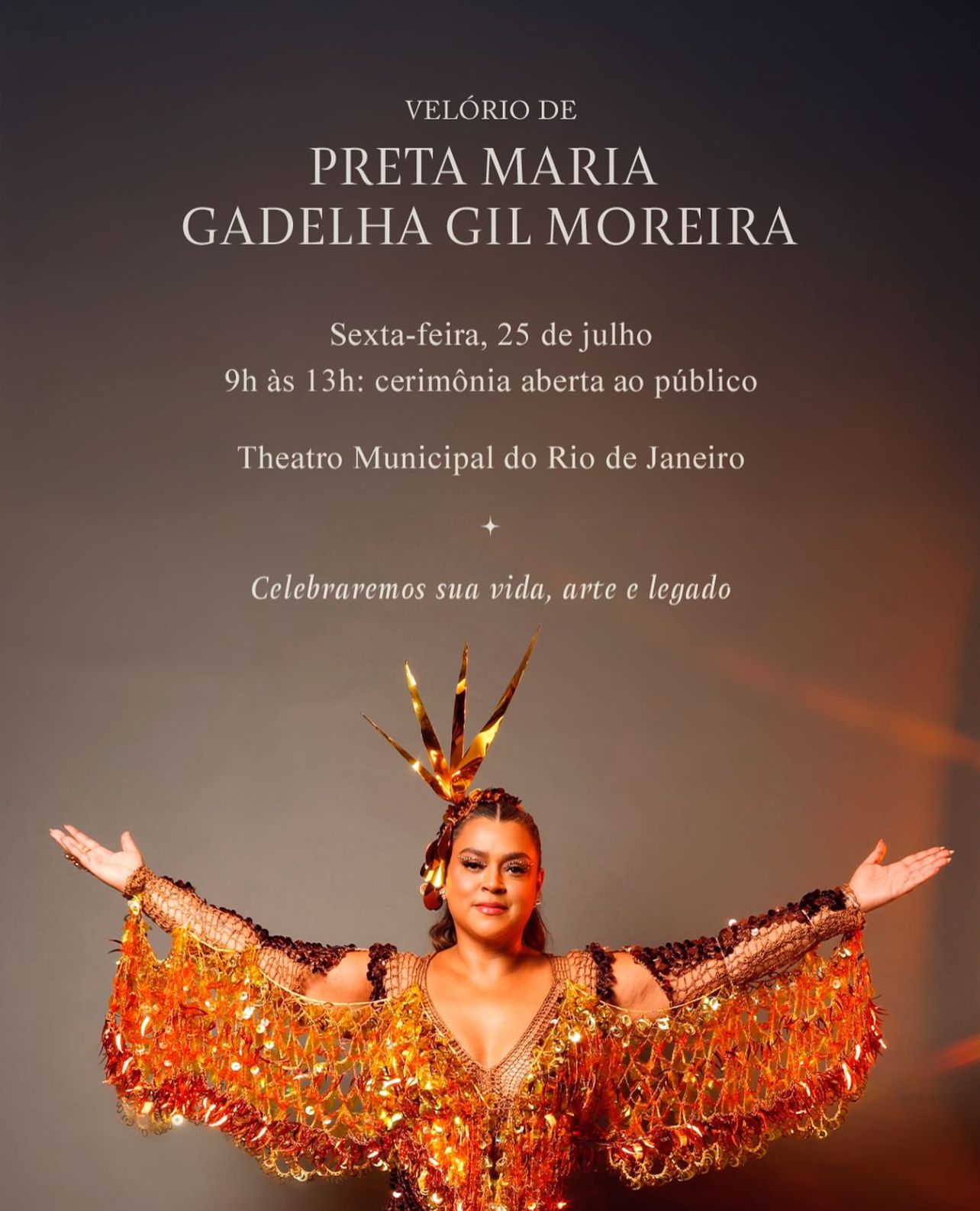 A diva será homenageada com cortejo carnavalesco pelas ruas do Rio, passando pelo circuito que ganhou seu nome. Uma despedida como ela sempre sonhou: com amor, alegria e multidão.