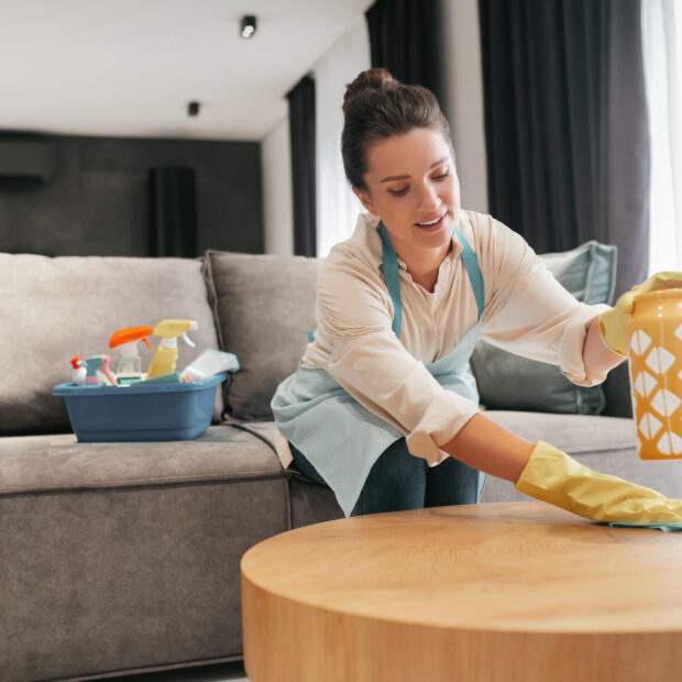 a woman cleaning a table surfcase with disinfector