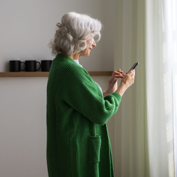 side view old woman spending time home