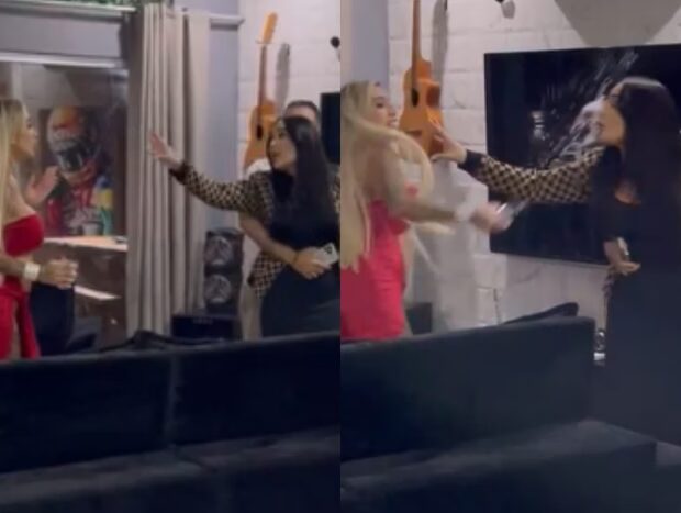 A briga teve direito a bate-boca, empurrões e taça voando, tudo no condomínio de luxo do ex-marido da cantora.