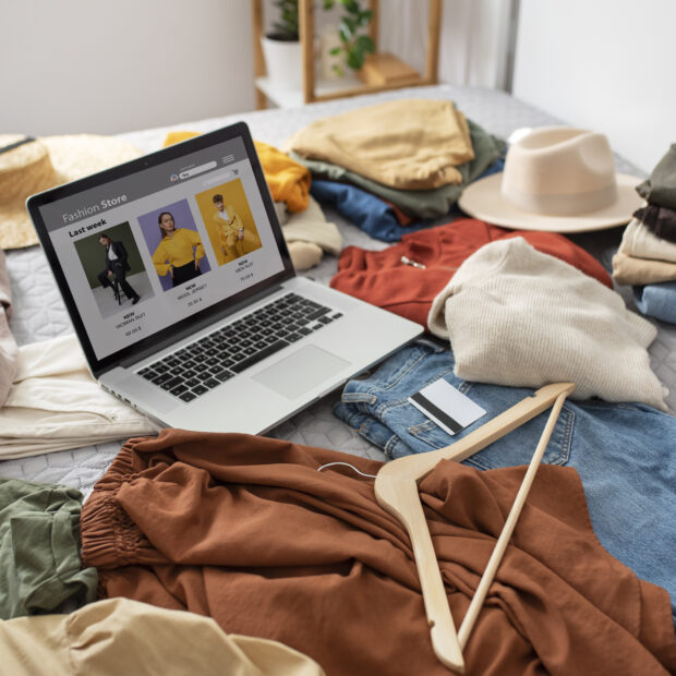 roupas e laptop no arranjo de cama de alto angulo