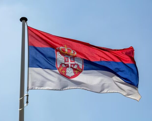 bandeira servia acenando contra o ceu azul claro 771335 18743