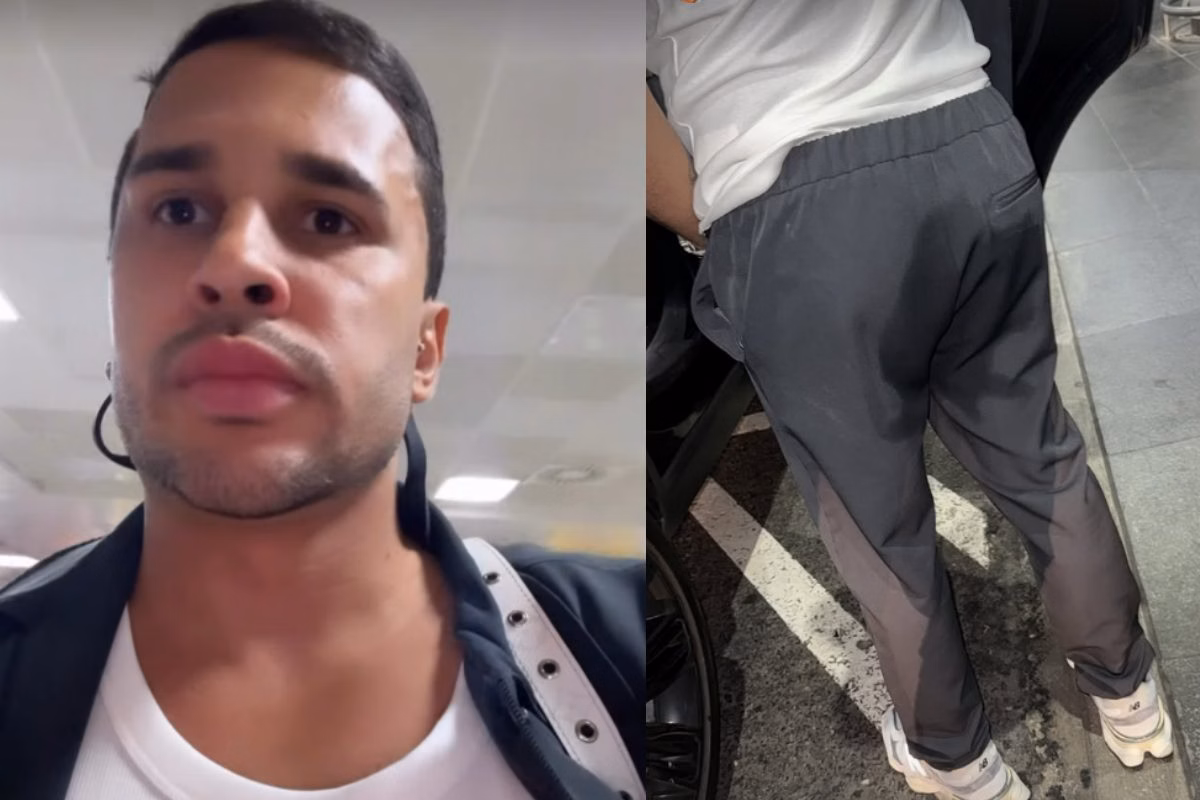 Apresentador enfrentou trânsito em São Paulo, tentou improvisar no carro com garrafinha e sacola de grife, mas acabou virando manchete pelo desastre.