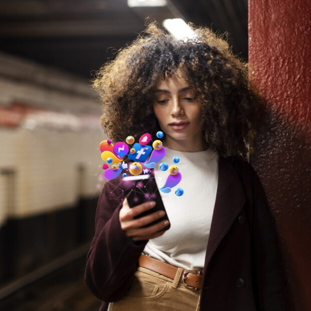 medium shot woman holding smartphone