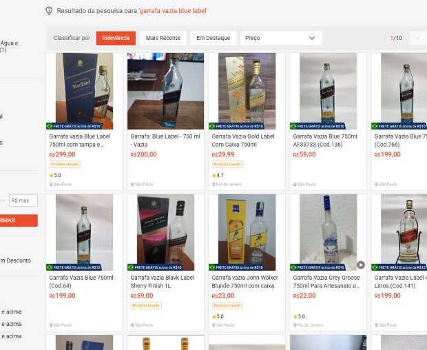sites de ecommerce vendem garrafa vazia de uísque por r$ 400 e tampas usadas por r$ 150