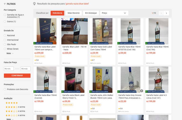 sites de ecommerce vendem garrafa vazia de uísque por r$ 400 e tampas usadas por r$ 150