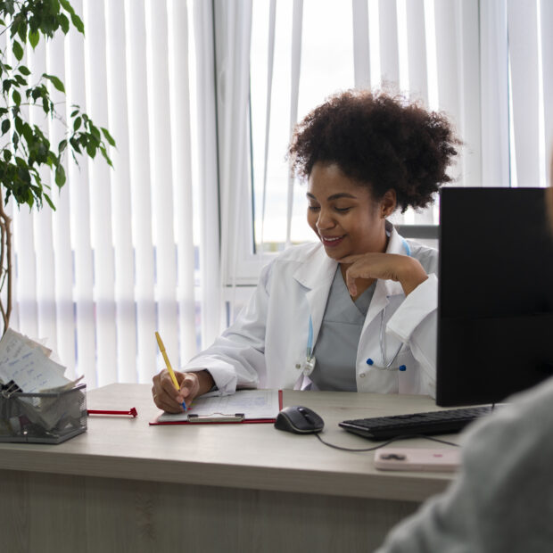 medico sorridente de vista lateral tomando notas