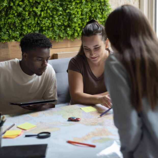group friends planning trip cafe