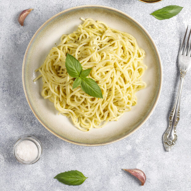 plate of pasta with homemade pesto sauce.