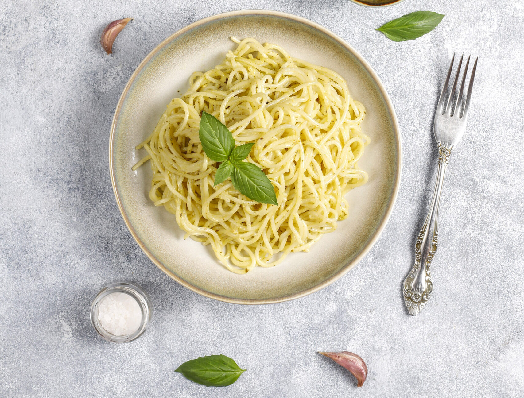 plate of pasta with homemade pesto sauce.