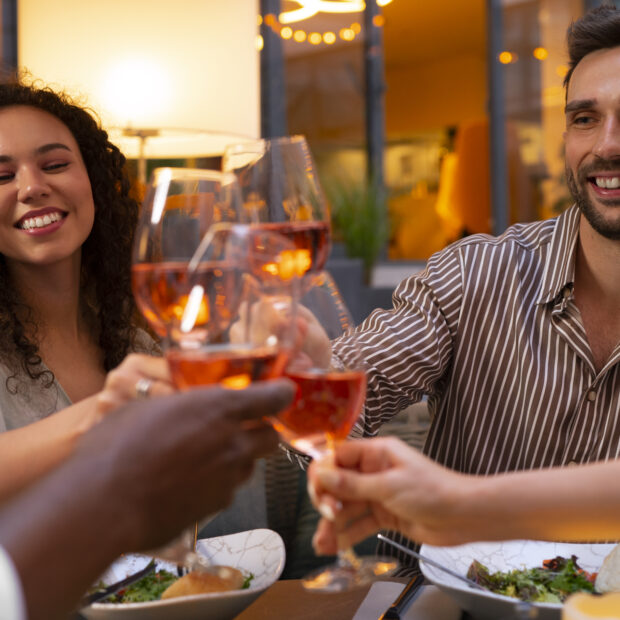 front view people enyoing dinner party