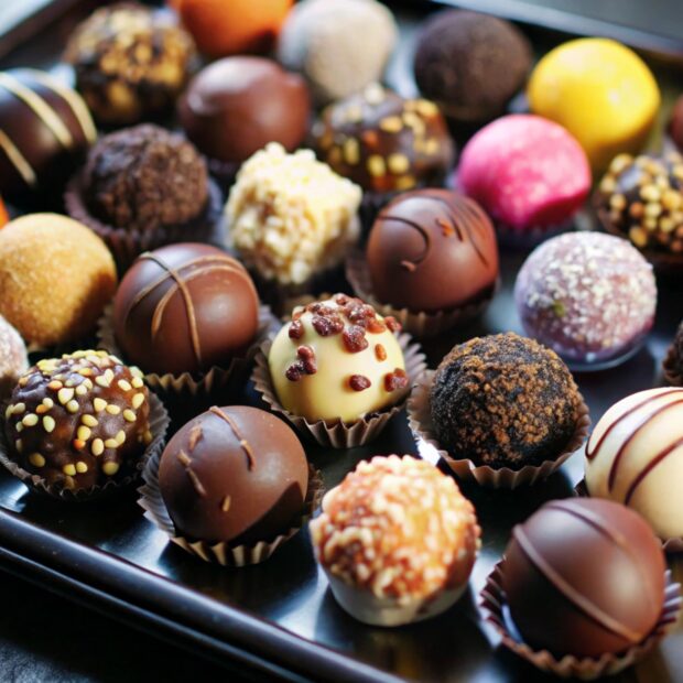 assortment of colorful and decadent chocolate truffles on a black tray.