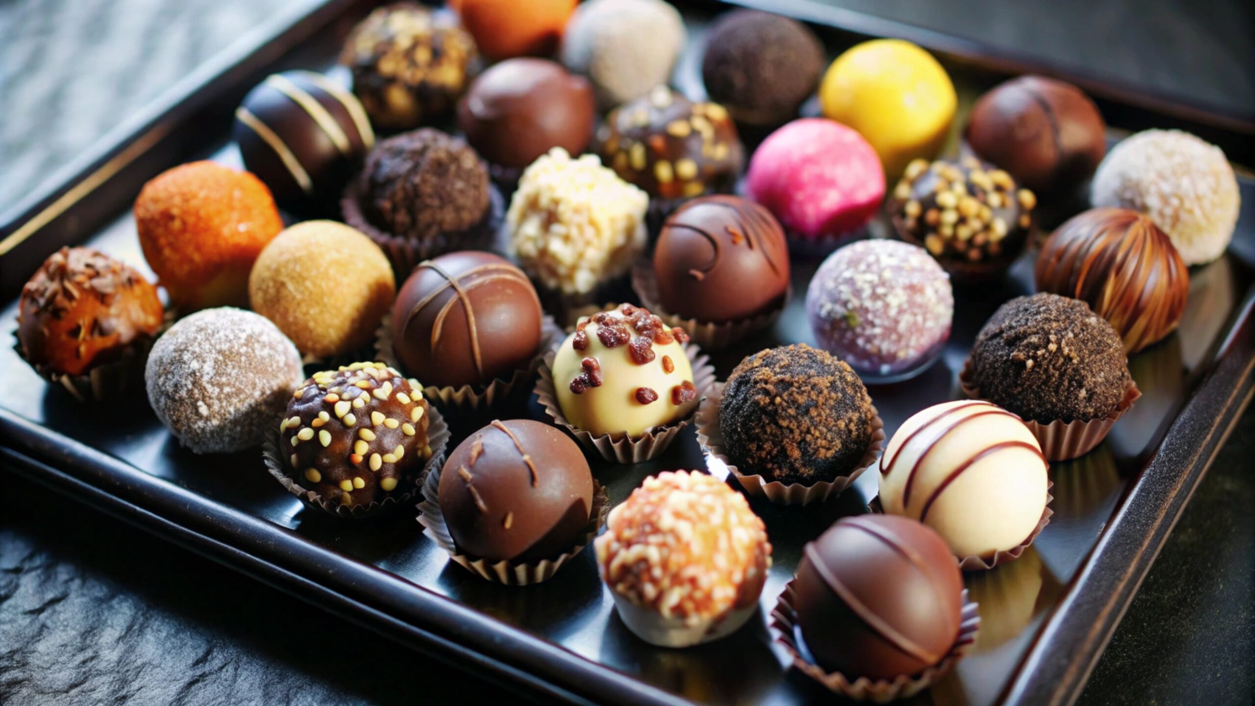 assortment of colorful and decadent chocolate truffles on a black tray.