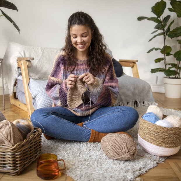 tiro completo mulher feliz tricotando em casa