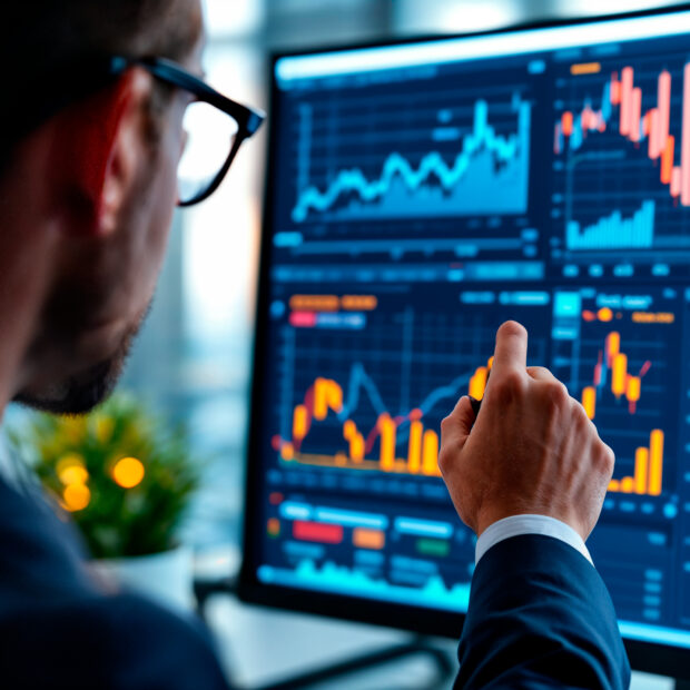 um homem de fato esta olhando para uma tela de computador