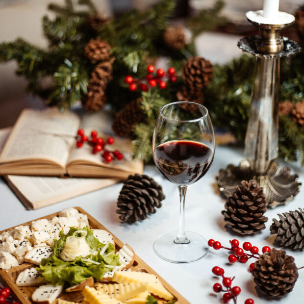 cheese plate and glass of wine