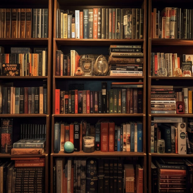 abundant collection of antique books on wooden shelves generated by ai