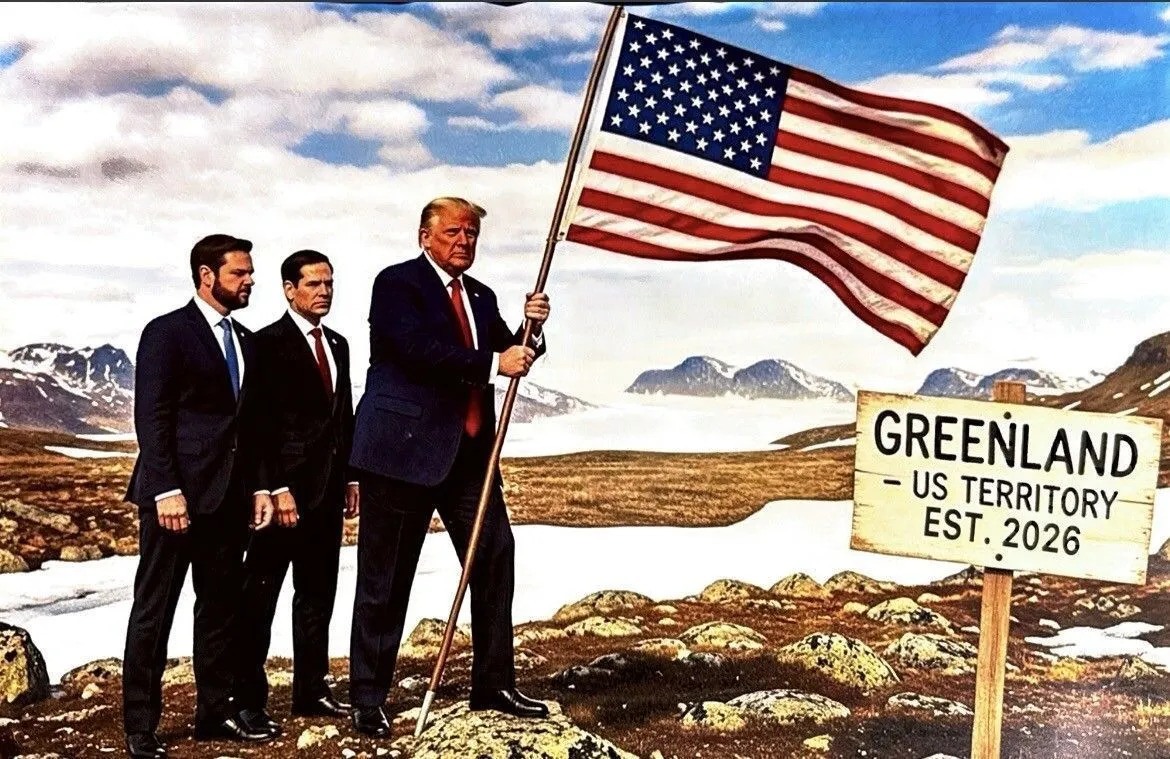 trump publica imagem de i.a cravando bandeira dos eua na groenlandia ao lado de j