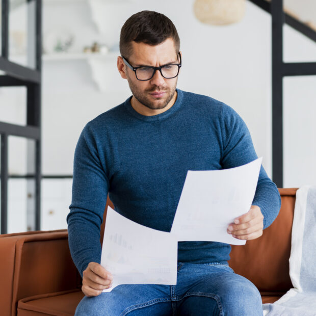 male sitting cauch reading documents