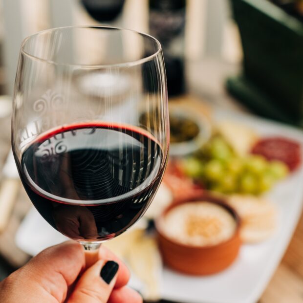 selective vertical closeup shot of a female holding a wine glass filled with dark red wine