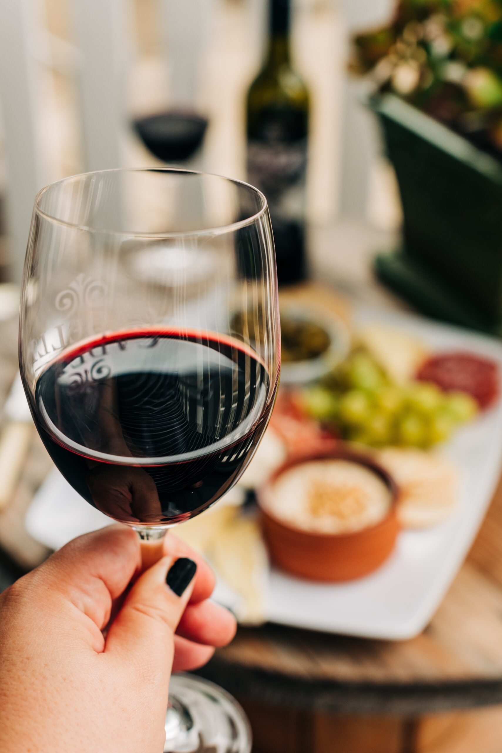 selective vertical closeup shot of a female holding a wine glass filled with dark red wine