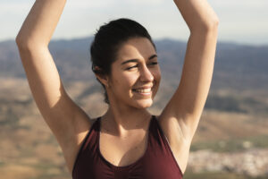 front view young smiley female yoga training