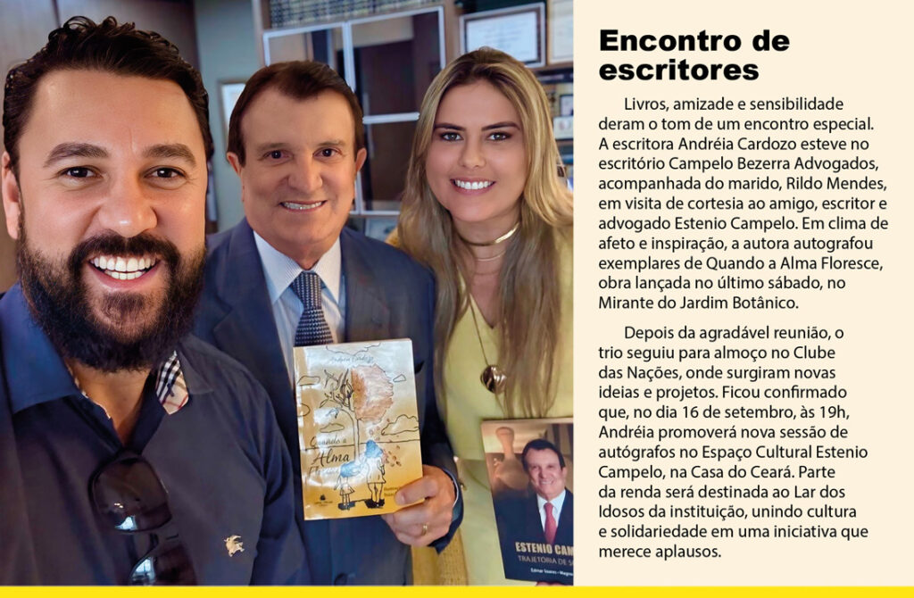 escritora andréia cardozo esteve no escritório campelo bezerra advogados, acompanhada do marido, rildo mendes