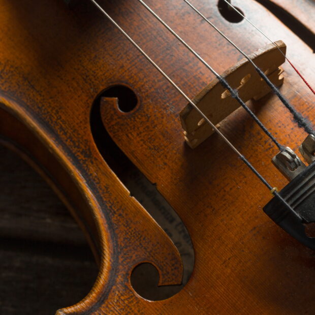 violin on a wooden textured table