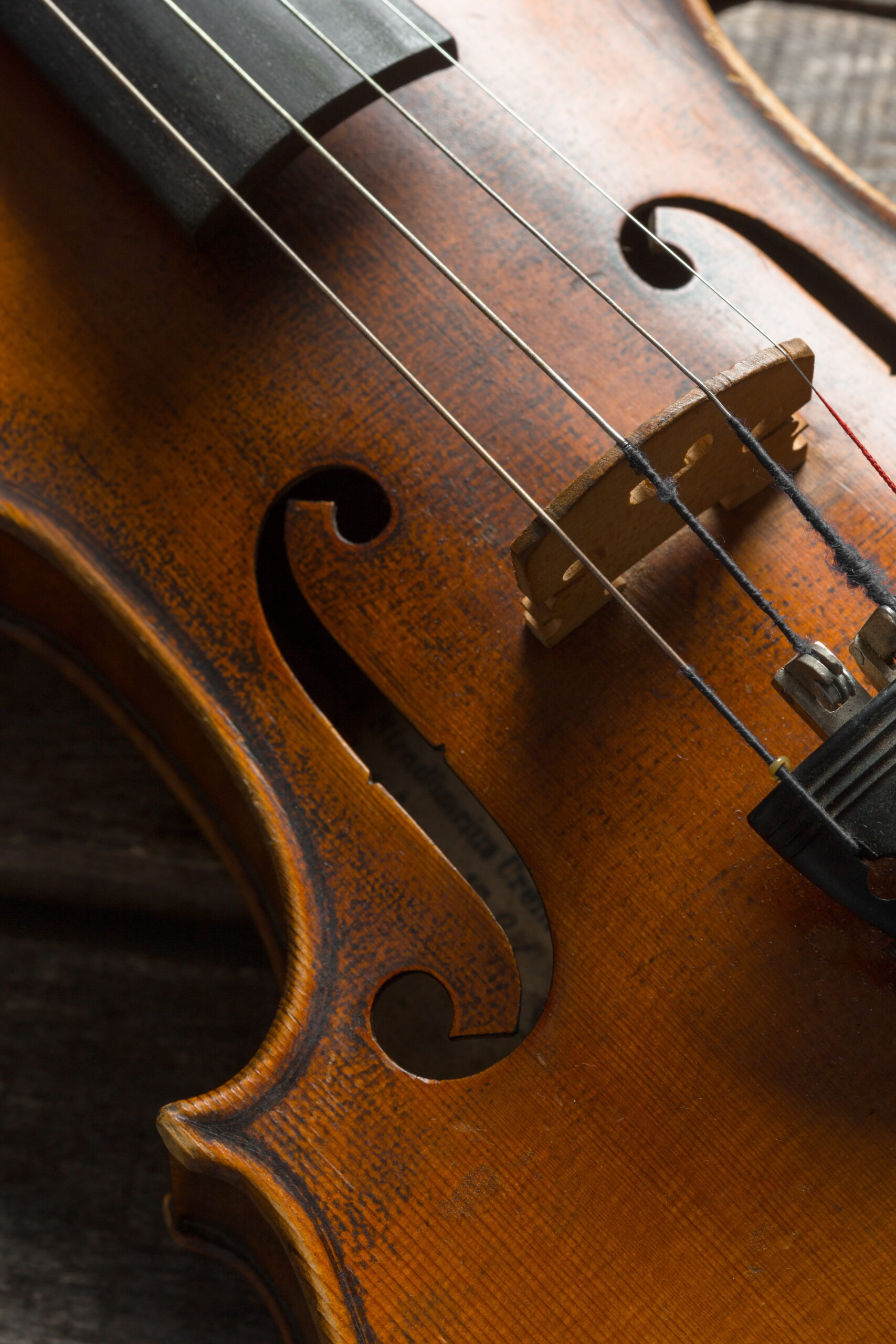 violin on a wooden textured table