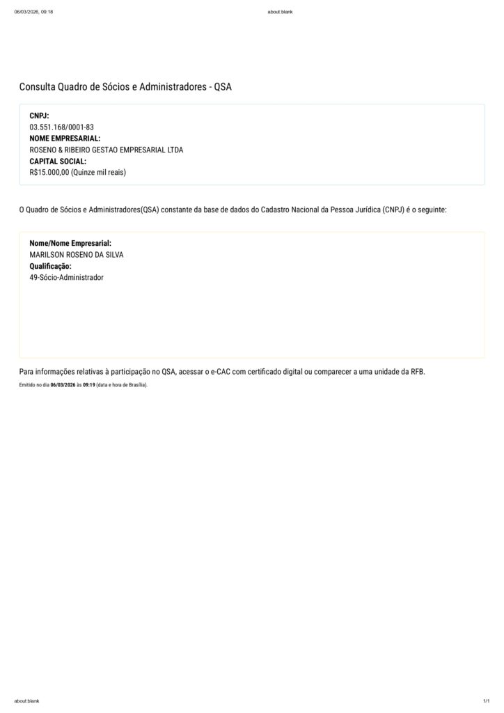 Quadro societário da Roseno e Ribeiro, alterado em 2022, logo após a aposentadoria de Marilson. Reprodução/RFB
