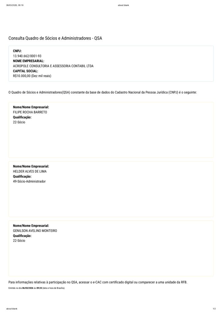 Quadro societário da Acrópole Contabilidade, no qual Helder Alves de Lima, que se diz contador da firma de Marilson, aparece como sócio.