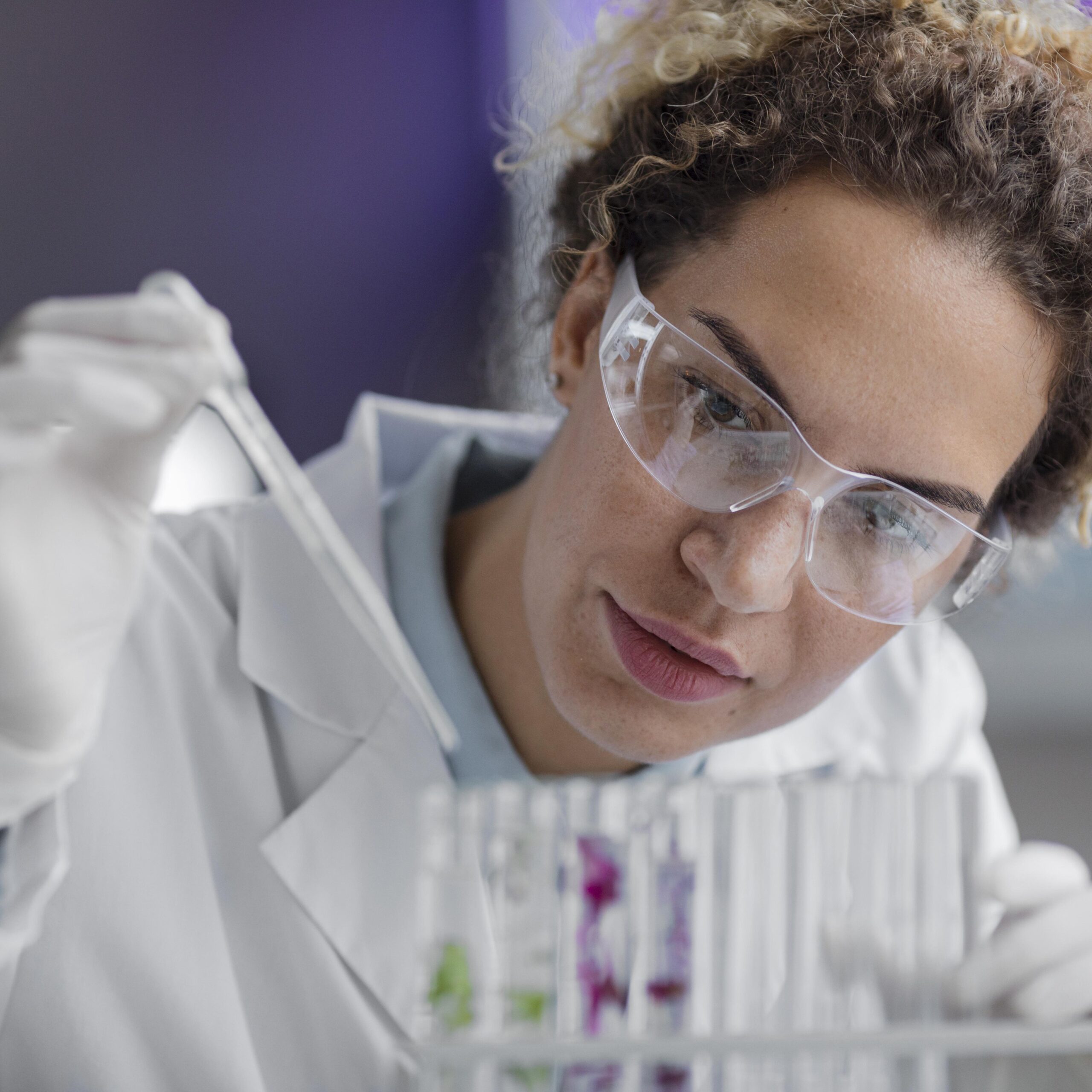 front view female researcher laboratory with safety glasses test tubes