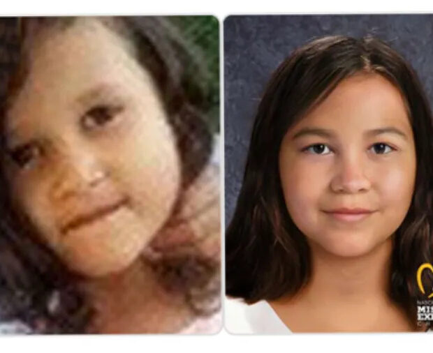 montagem mostra menina na epoca do desaparecimento a esquerda e ilustracao com progressao de idade a